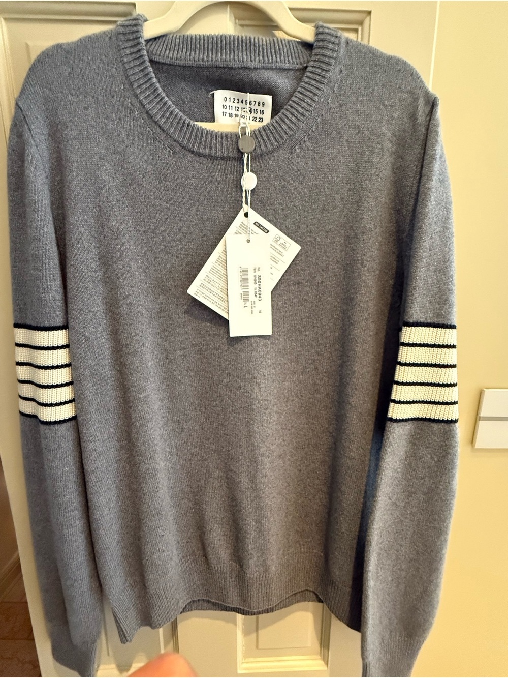 Maison Martin Margiela Light Gray Crewneck Sweater with Stripe Elbow Detail